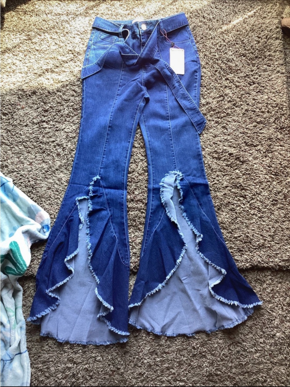 High-Waist Blue Ruffle Panel Flare Jeans